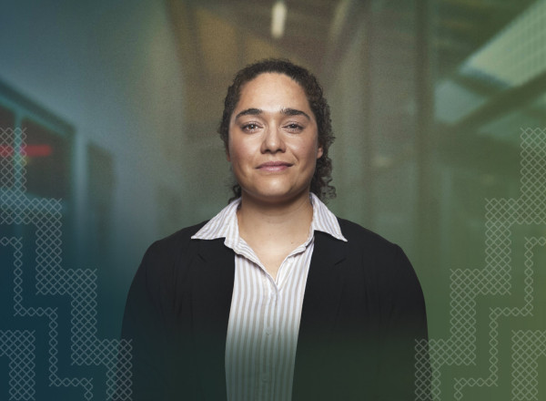 Probation Officer from Stories from the Inside campaign, framed with the poutama staircase design on either side