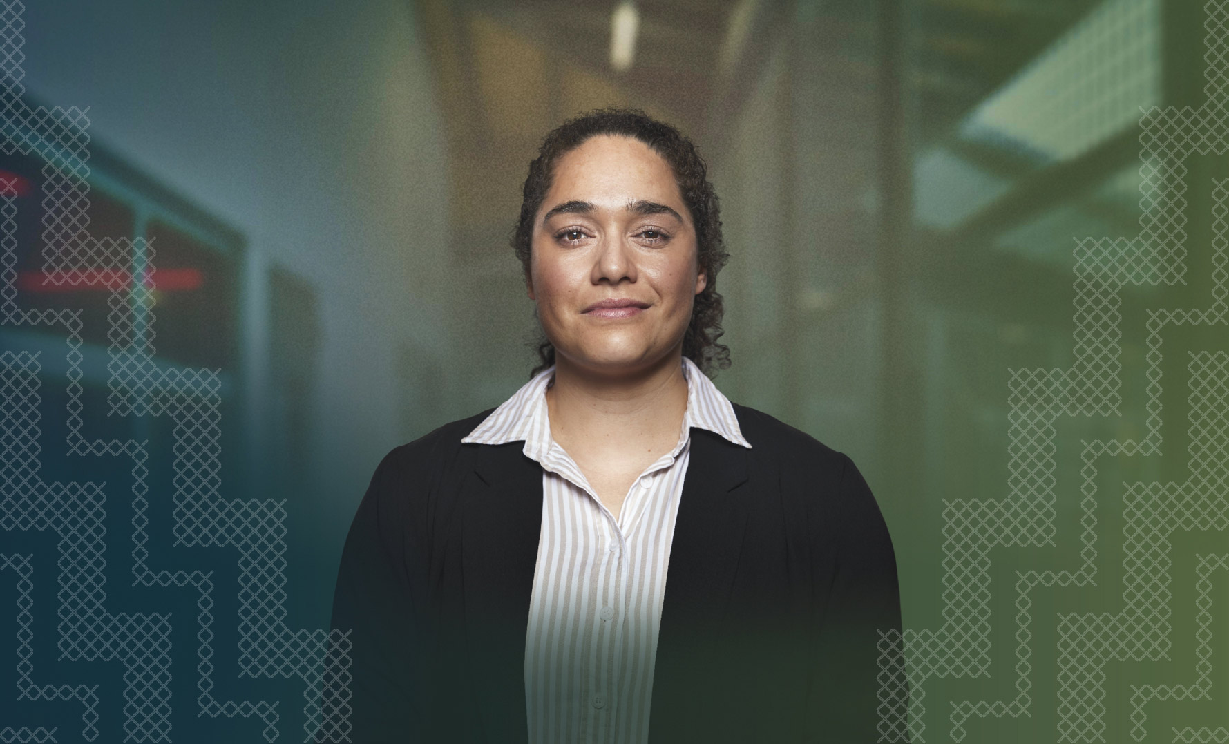 Probation Officer from Stories from the Inside campaign, framed with the poutama staircase design on either side